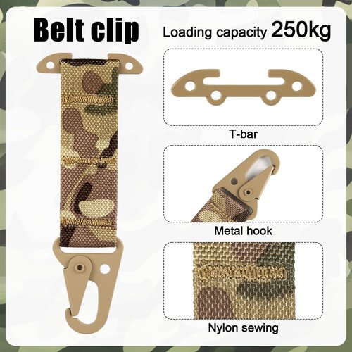 T-Mount Belt Clip, Band Width 1 inch/2.5cm Webbing Belt Clip Clash Hook Hanging Carabiner with Metal Hook Battle Belt Accessories for Backpack Vest Belt Gloves Keychains(Camouflage)