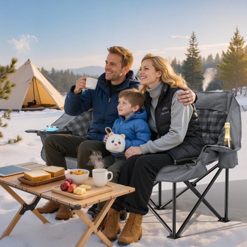 Huskfirm Double Camping Chairs Padded Loveseat Chair for 2 Person - Heavy Duty Oversized Camping Couch for Adults Outdoor Lawn Beach - Portable Folding Sofa with Cup Holders and Carry Bag, Grey