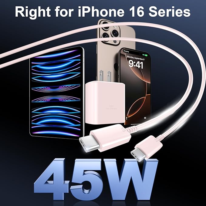 Phone 16 Pro Max Charger Fast Charging, 45W USB C Phone 16 Super Fast Charger Block with 6.6ft Long Type C Charging Cable Cord for Phone 16/16 Pro/16 Pro Max/16 Plus, 15/15 ProMax/Pro/Plus-2pack Pink