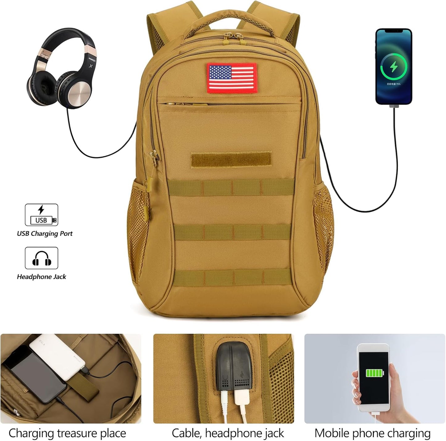 outdoor plus Camo Backpack,Military Boys Backpacks for School,40L Army Bookbag with USB Charging Port Waterproof
