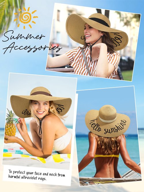 Senker Fashion Floppy Beach Hats for Women Straw Sun Hat Foldable Wide Brim Embroidered Roll up Summer Vacation Travel Khaki