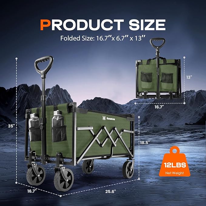 Navatiee Portable Foldable Collapsible Wagon with Wheels, 220lbs Weight Capacity Utility Grocery Shopping Cart, Lightweight Mini Folding Wagon for Outdoor, ArmyGreen