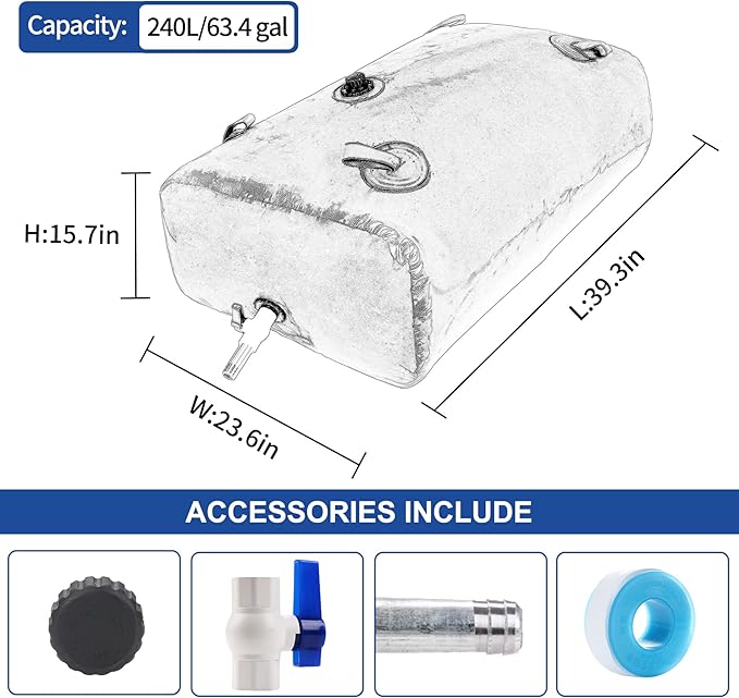 240 L/63 Gal Water Bladder Tank, Foldable Portable Water Storage Container, Emergency Water Bag for RV, Truck Bed, Fire Prevention, Drought Resistance, Blue