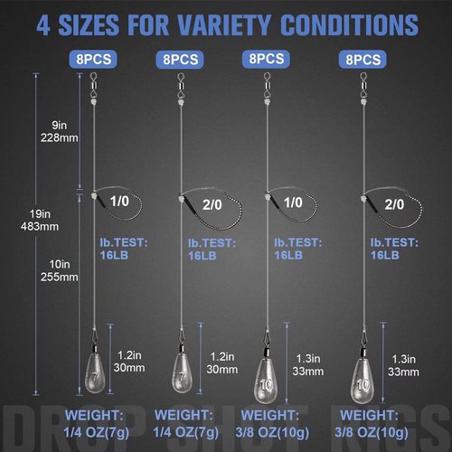8PCS Ready Tied Drop Shot Rigs for Bass Fishing Drop Shot Hooks Fishing Rig with Drop Shot Weights 1/4OZ Swivel Fluorocarbon Fishing Line Weedless Hooks 1/0