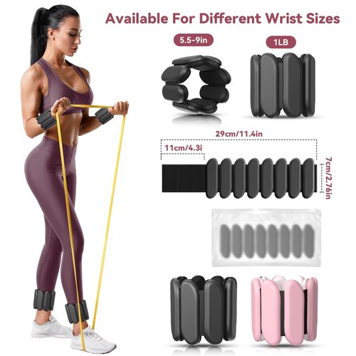 Wrist Ankle Weights Set of 2 (1lb Each), Adjustable Weight Arm and Leg Weights for Women Men, Silicone Weighted Bracelets for Home Workout, Pilates, Walking, Running, Yoga, Dance, Gym (Black)