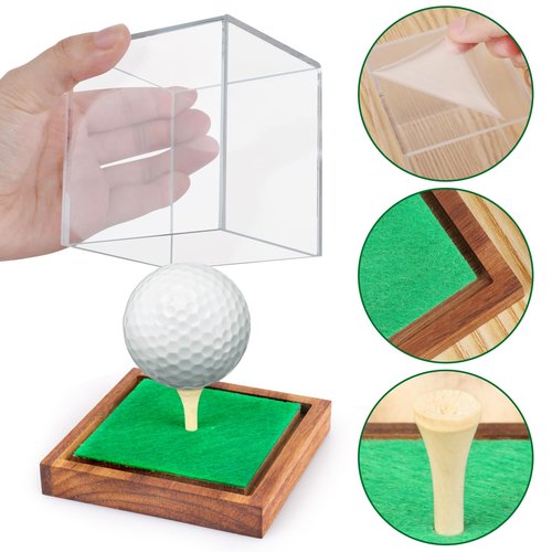 Clear Acrylic Golf Ball Display Case with Wood Base & Tee, Memorabilia Stand Cube Holder, Dust Protection Transparent Storage Box for Single Ball Souvenir Golfball Collections