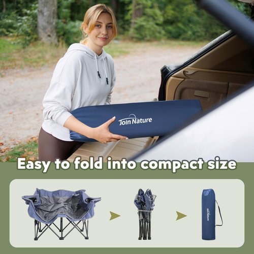 Join Nature 700lbs Capacity Double Camping Chair for 2 Adults - Low-Profile Outdoor Loveseat with XL Cup Holders & Storage Pockets, Heavy Duty Folding Couch for Camping, Lawn, Backyard (Navy Blue)