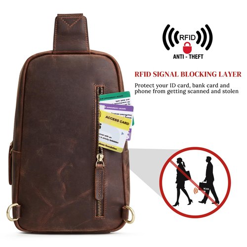 S-ZONE Sling Bag for Men Women RFID Blocking Top Grain Leather Crossbody Shoulder Bag Chest Hiking Daypack Travel