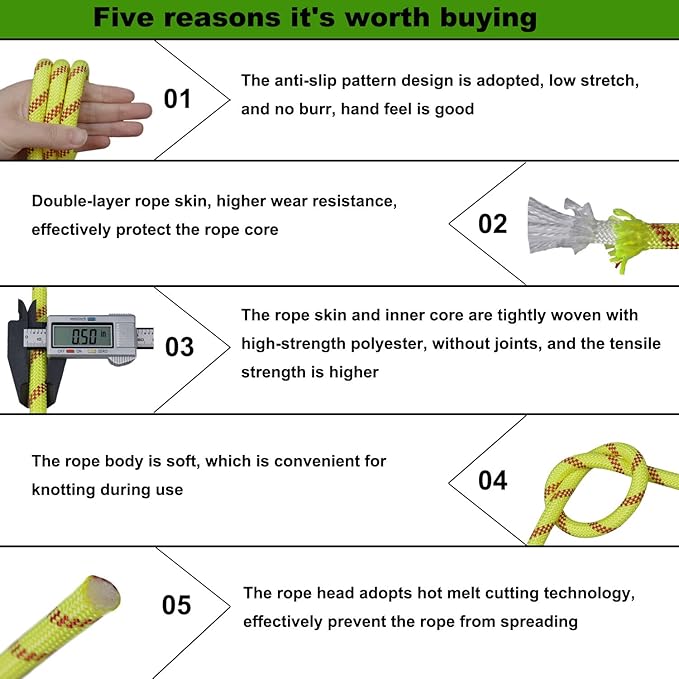 Double Braided Arborist Rope (1/2 in x 200 ft) Polyester Rope Bull Rope 48 Strands for Tree Work Climbing Pulling Swing Sailing, Fluorescent Yellow/Red