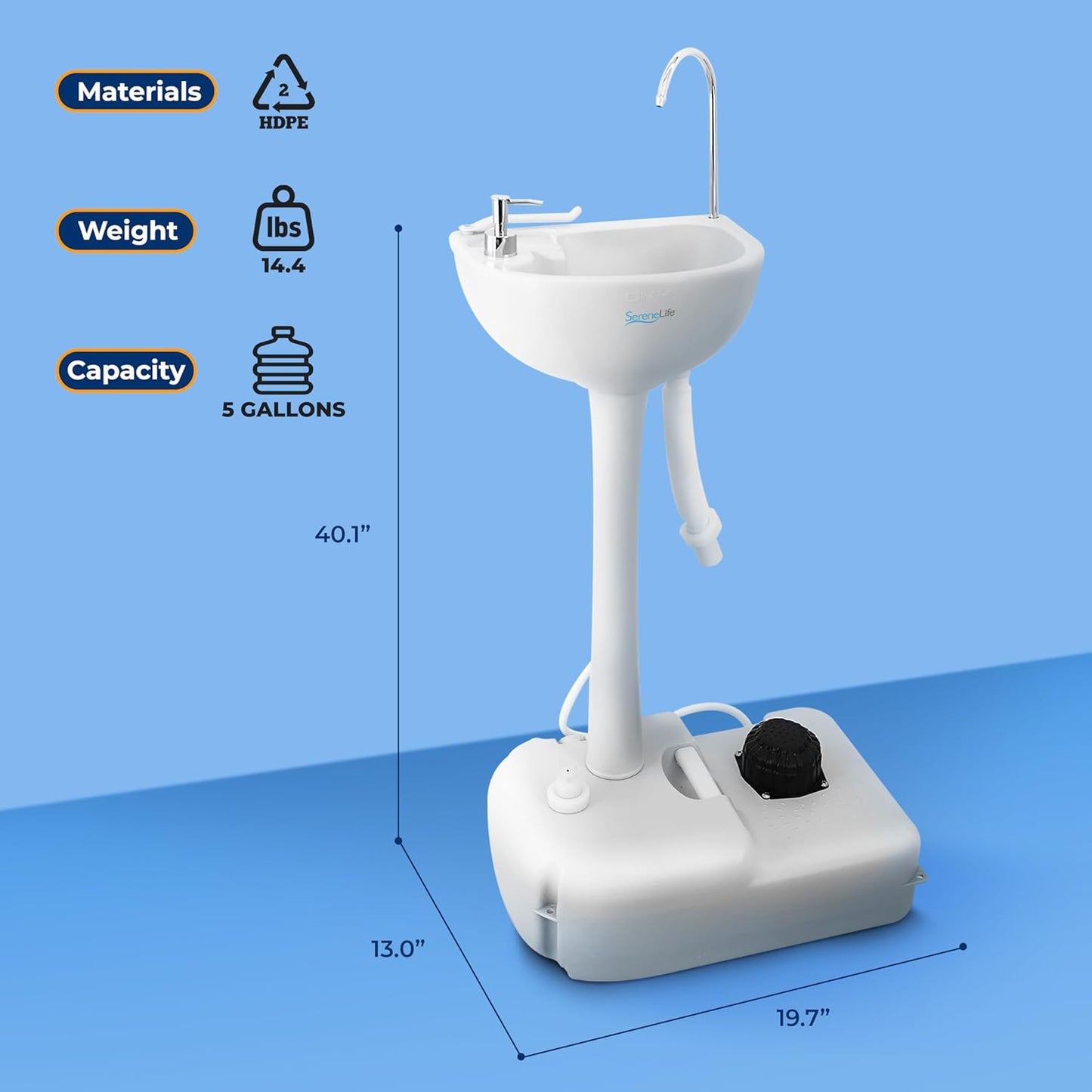 SereneLife Portable Camping Sink with 19L (5+ Gallon) Water Tank, Hands-Free Foot Pump, Soap Dispenser & Towel Holder, Compact Design with Carry Handle – Perfect for Camping, Worksites, Outdoors