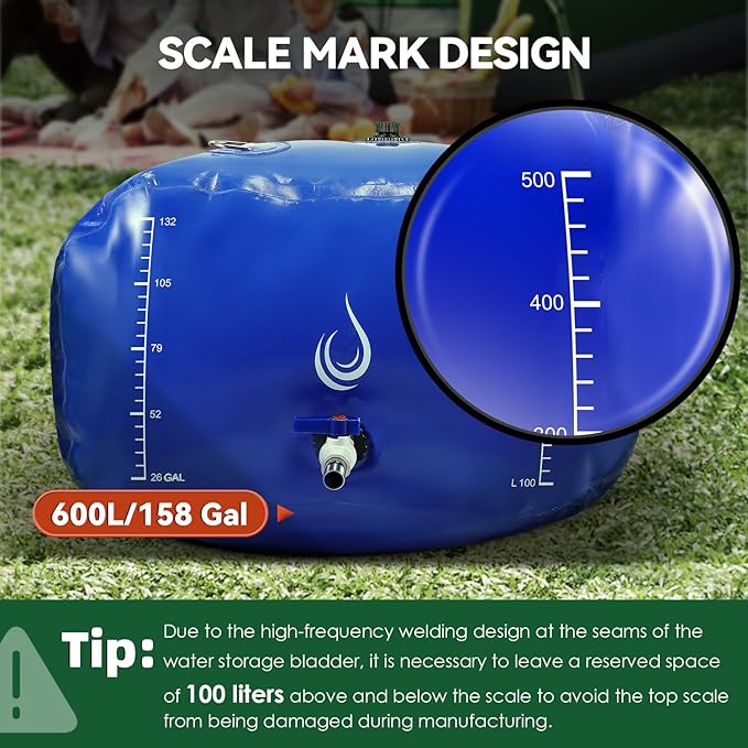 LANUEVA 158 Gal/600L Portable Water Storage Bladder, 1000D PVC Foldable Water Tank with Spigots and Overflow Kit, Water Storage Containers for Emergency Water, RV, Irrigation&Camping (Blue, 600L)