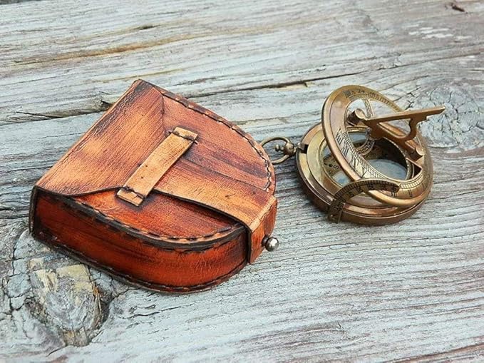 RII Antique Nautical Directional Magnetic Sundial Brass Compass, Antique Decor Birthday Gifts for Men, Astrolabe Gift for Him, Baptism Gifts with Engraved Quotes, Sun dial in Leather Case