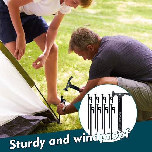 NIOSAVM Heavy Duty Tent Stakes with Hammer - 8pcs 9.8" Carbon Steel Camping Stakes & 11" Mallet, Windproof Stakes for Beach/Rocky Ground, Includes Storage Bag & Anti-Rust Protective Caps