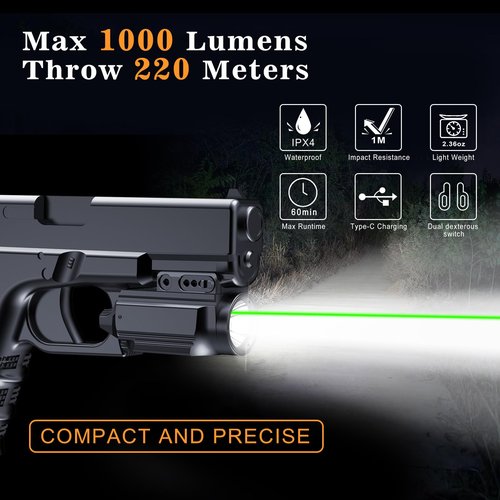 VTIGER 1000 Lumen Powerful Compact Pistol Light, Adjustable Rail Mounted Mini Weapon Light with Green Beam Sight Combo, Small Rechargeable LED Tactical Flashlights for Picatinny 1913/GL/Weaver