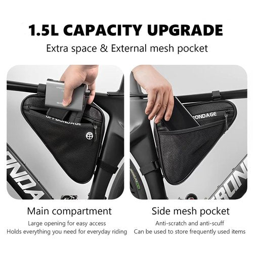 OFFBONDAGE Bike Frame Bag Waterproof Bicycle Triangle Bag with Mesh Side Pocket Pouch Bike Accessories for Mountain Road Bike Trip(1.5L)