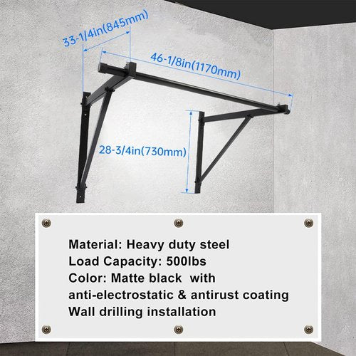 ECOTRIC 46" Wall Mounted Pull Up Chin Up Bar Heavy Duty Gym Workout Fitness Home Mount Fitness 500lbs