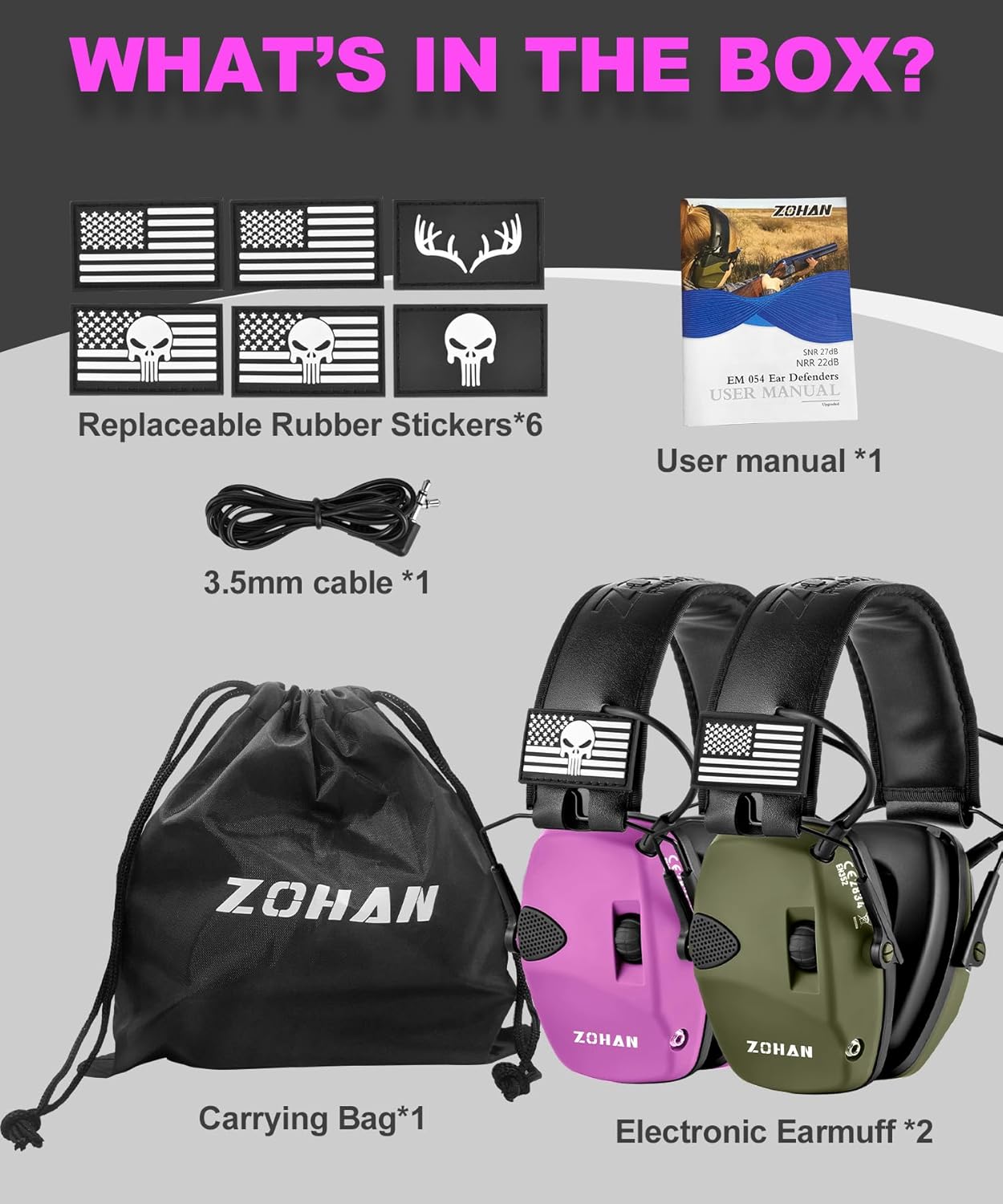 ZOHAN EM054 Electronic Shooting Ear Protection with Sound Amplification, Slim Active Noise Reduction Earmuffs for Gun Range