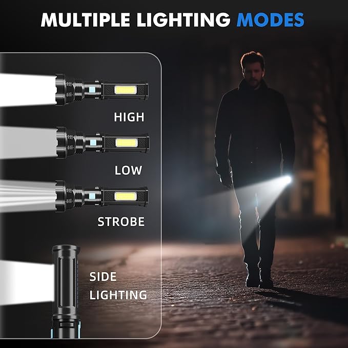 Solar/Rechargeable LED Flashlights, Multi Function Flashlight with 2000 mAh Battery, Emergency Strobe Light, Waterproof, Fast USB Charging, Survival Gear and Supplies for Camping, 2 Pack