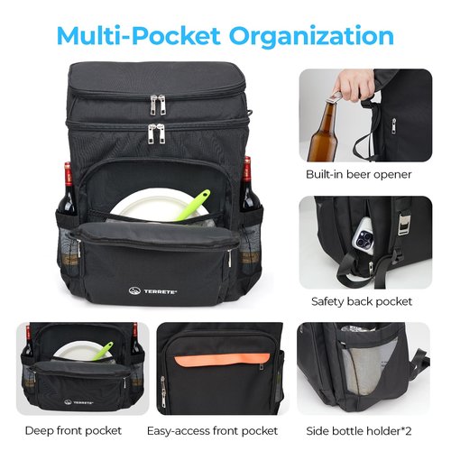 Terrete Cooler Backpack, 30 Cans Backpack Coolers Insulated Leak Proof, Large Double Deck Cooler Backpack for Travel, Camping, Picnic - Black