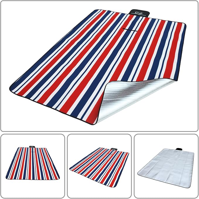 Wind Tour Family Outdoor Waterproof Durable Picnic Blankets with Carry Strap Foldable Sandproof Picnic Floor Mat for Kids Playground Camping Hiking Grass Travelling (1, Red & blue stripes-200*200cm)