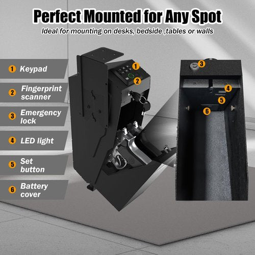 PATRON Gun Safe for handgun, Biometric Gun Safe box for pistols，hidden Wall or Desk Mounted fingerprint safes for nightstand,Bedside,Truck，electronic Quick Access shotgun safe box
