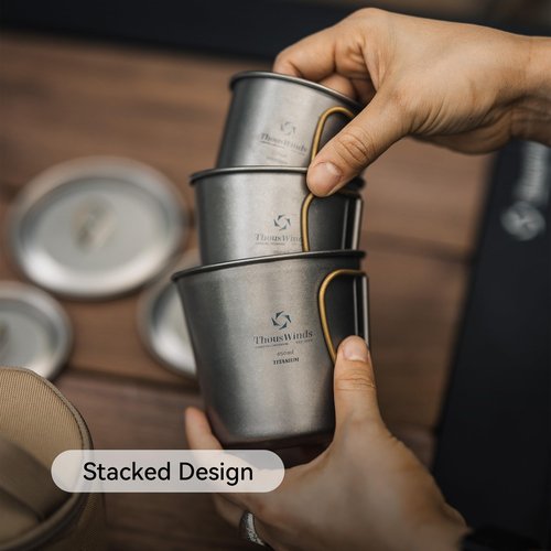 Thous Winds Titanium Mug, 450ml 15oz, Camping Coffee Cup with Foldable Handle and Lid, Lightweight Cup for Outdoor Backpacking Hiking