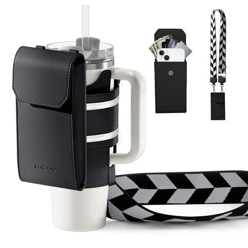 Cup Holder for Stanley 40 Oz Tumbler with Detachable Phone Pouch, Durable Leather Water Bottle Carrier with Adjustable Canvas Strap, Phone Purse and Straw Cover, Stanley Cup Accessories