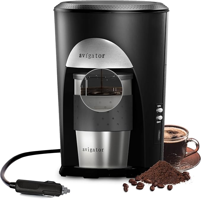Portable Coffee Maker for Travel Camping Car, Ground Coffee Machine Single Serve with 10 oz Travel Mug for Traveling, RV, Office, Home and Dorm, 12V, Black