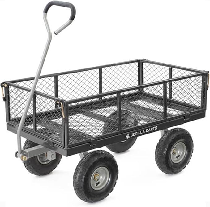 Gorilla Carts Steel Utility Cart, Garden Wagon w/Handle & Removable Sides, Up to 800 Lbs - Heavy-Duty Gardening Equipment for Yard, Lawn, and Outdoor Use