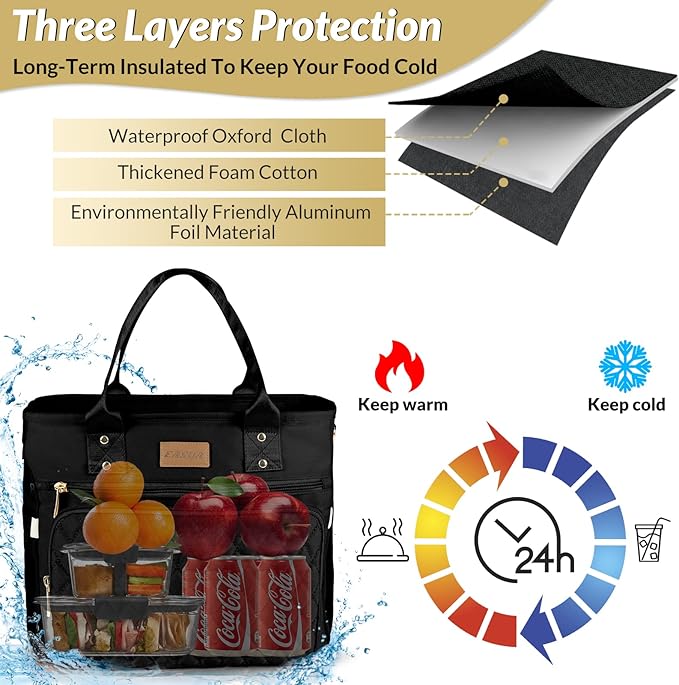 Large Insulated Lunch Bag for Work, Women's Nylon Thermal Lunch Box, Leakproof Cooler Tote Bag with Storage Pocket (Black)