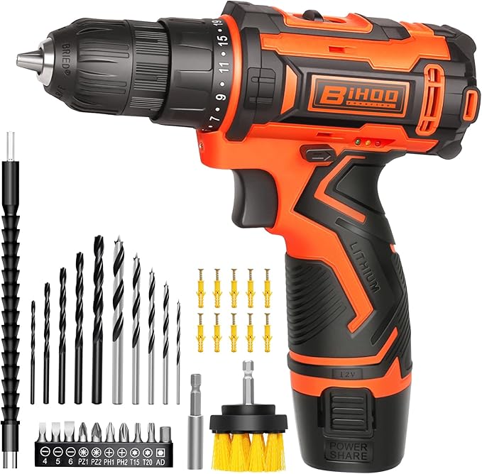 12v Drill Driver Set,Cordless Drill with Battery and Charger,LED Tools Kit,25+1 Torque Setting and 43pcs Bits