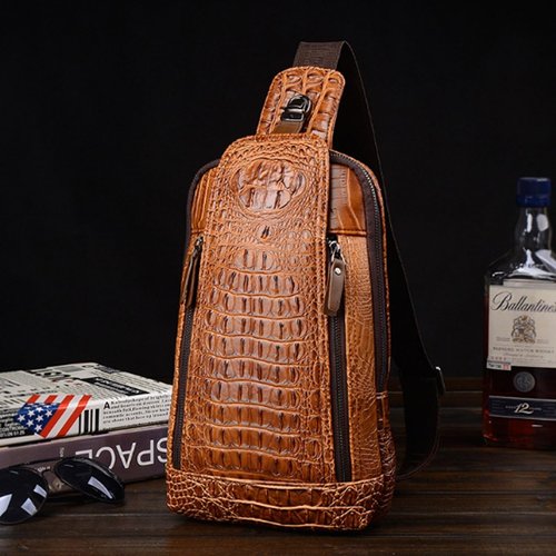 Mens Sling Bags Crocodile PU Shoulder Crossbody Chest Bag Satchels Hiking Daypack Dark Brown
