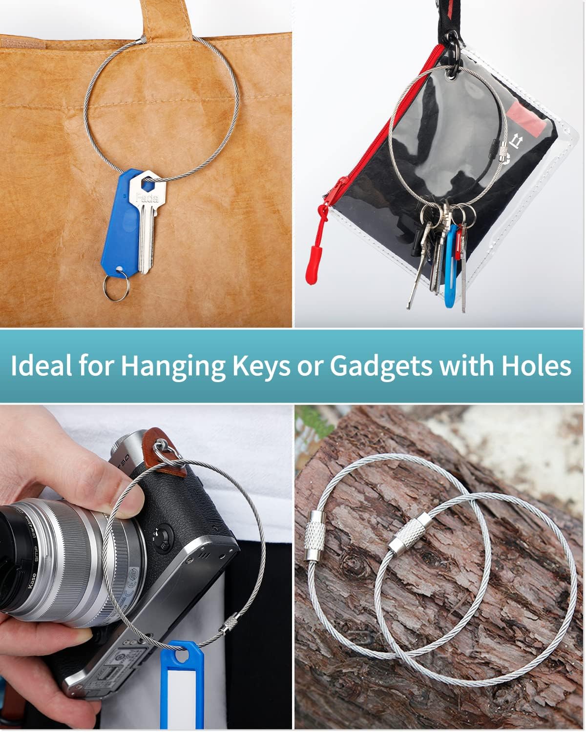 Pawfly 5 Inch/10 Inch Wire Keychain Cable Large Stainless Steel Key Ring Loop Holder, 20/50/100 Pack