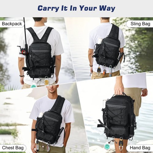 MoKo Fishing Backpack Sling Bag with Rod & Gear Holder, Nylon Waterproof Fishing Tackle Storage Bag for Fish, Camping, Hiking, Hunting, Perfect Gifts for Men Father, Black
