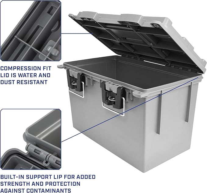 Sheffield 12775 2-Pack XL Ammo Storage Box, Stackable .50 Cal Field Boxes, Water and Dust Resistant, Lockable Storage Box with Handle, Heavy Duty Protection for Hunting Gear, Made in the USA, Gray