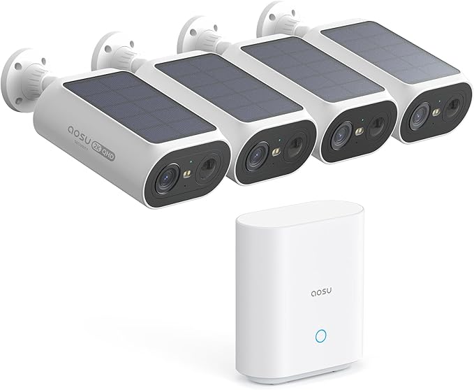 AOSU Solar Security Cameras Wireless Outdoor, 2Mins DIY Installation, No Subscription Cameras for Home Security System, Local Storage, 2K Color Night Vision for Surveillance, 2.4&5ghz WiFi, 4 Cam-kit