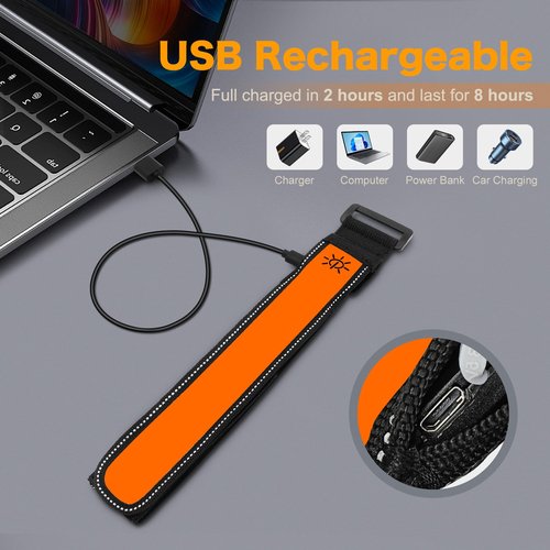 LED Armband Rechargeable for Running Walking, Safety Night Light Up Running Gear, High Visibility Reflective Luminous Armband, Adjustable Glow Accessories for Men Women (2 Pack) (Orange)