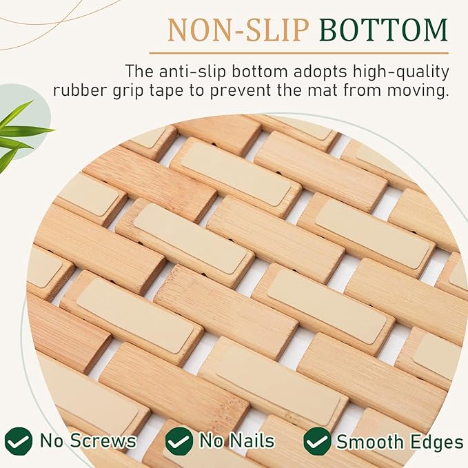 downluxe Bamboo Bath Mat for Bathroom - Waterproof Bamboo Shower Mat Non Slip, Foldable Bathroom Floor Mat for Indoor & Outdoor (Natural Color, 15" X 24", Small)