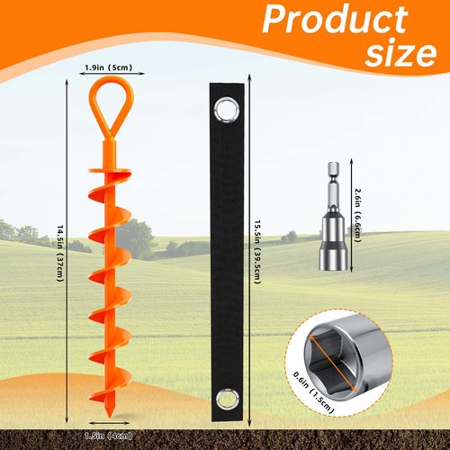 Dongxw Ground Anchor,Heavy Duty Tent Stakes Trampoline Anchors, Ground Anchors Screw in, Trampoline Anchor Kit with Straps,for Camping Tent, Swing Sets, Sheds, Trampoline(6 Pack,Orange)