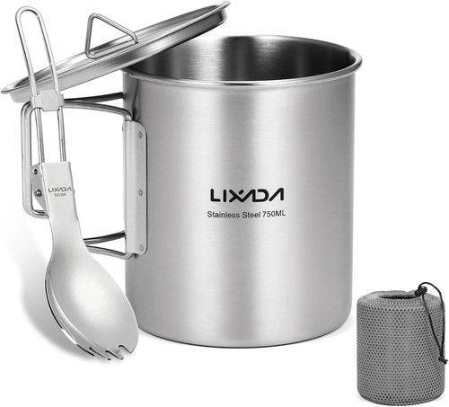 LIXADA Camping Cup Pot,750ml Stainless Steel Water Cup Mug with Foldable Handles and Lid for Outdoor Camping Hiking Backpacking
