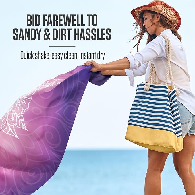 VENTURE 4TH Family-Size Beach Blanket: Sandproof, Waterproof, Lightweight & Compact. Includes Stakes and Carry Bag. 7x8 feet XL Purple Mandala