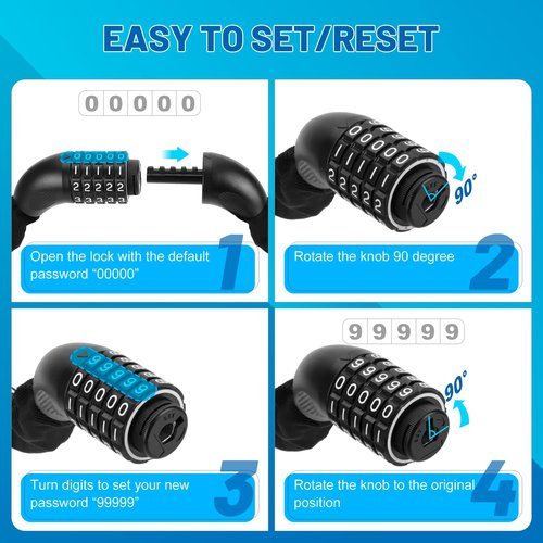 APECYC Bike Locks Heavy Duty Anti Theft, 5 Digit Combination Bike Chain Lock, 4FT Security Bicycle Lock Hardened Steel Square Chains for Bicycle, E-Bike, Motorcycle, Scooter, Gate