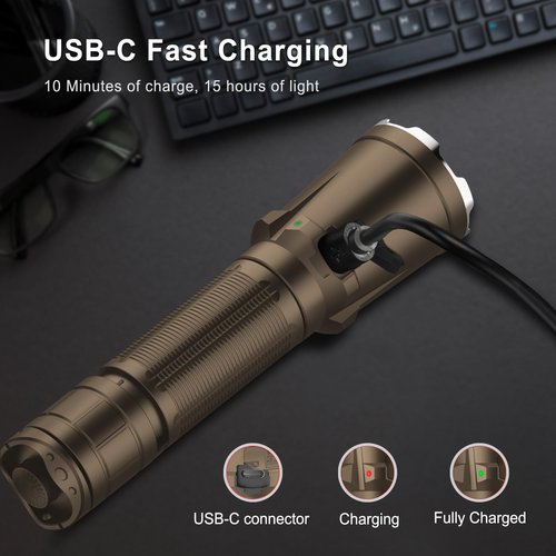 XT11GT Pro 3300 Lumens USB C Rechargeable Tactical Flashlight, 1345 Feet Beam Distance, Instant Reaction Dual Tail Switches, Tactical + Outdoor Settings, with 3100mAh Battery, Holster - Desert Tan