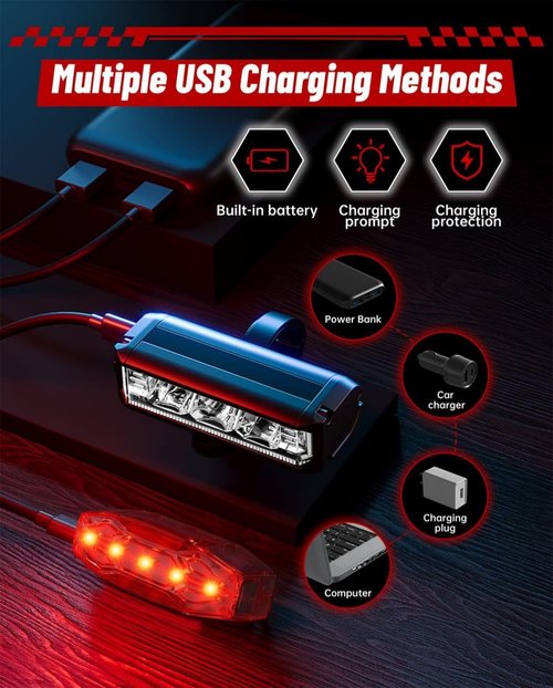 POSUGEAR LED Bike Lights for Night Riding, High Lumen Aluminum Alloy Bike Headlight and Taillight, IPX5 Waterproof USB Rechargeable Bicycle Light Set, Bike Light for Adults Road Mountain Cycling
