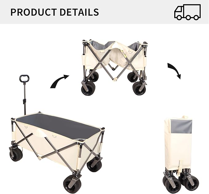 Collapsible Folding Wagon with Big Wheels,Heavy Duty Utility Beach Buggy Cart w/Adjustable Handle and Drink Holder,for Sand,Shopping,Camping,Garden,Outdoor,38",White
