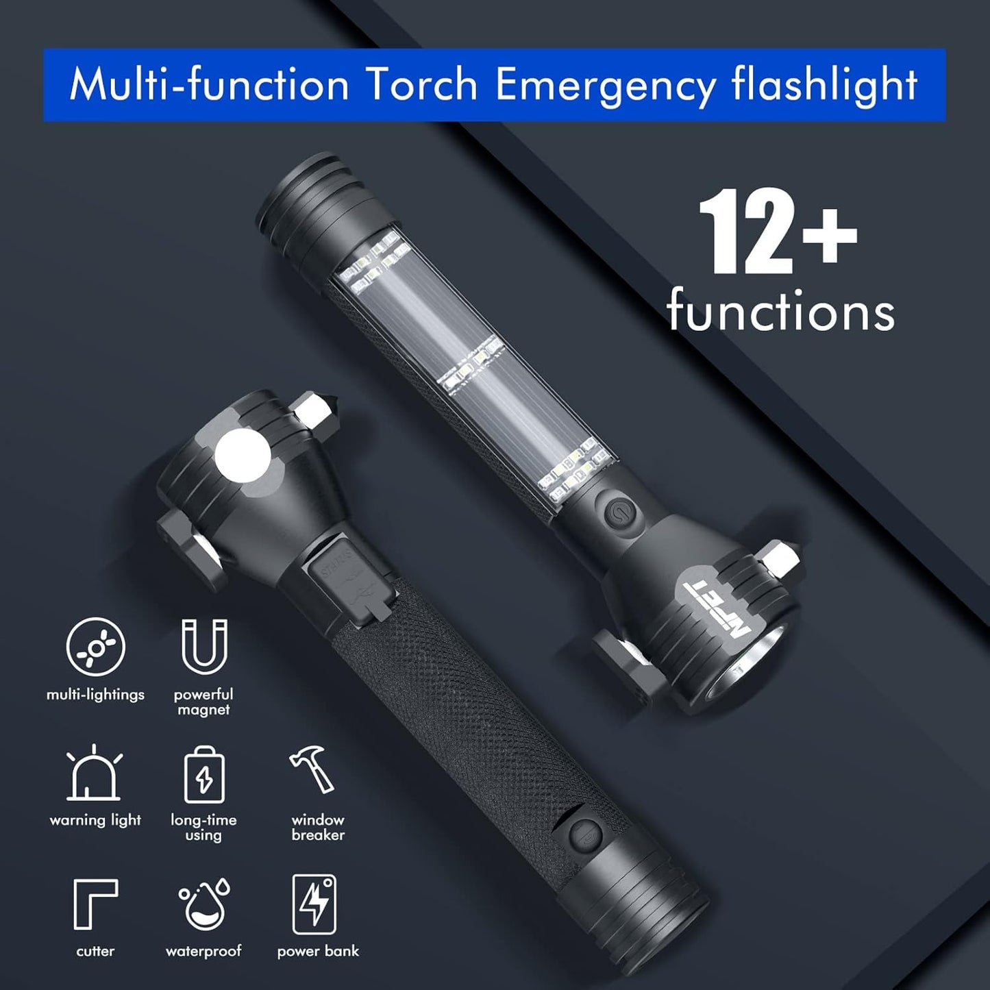 NPET T10 Car Flashlight 500 Lumens LED COB Light Solar Powered USB Rechargeable Tactical Multi-Function Torch Tool with 120dB Siren Window Breaker Seat Belt Cutter Compass for Camping