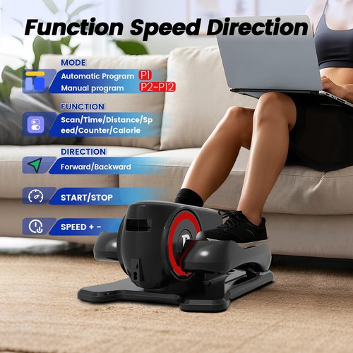 Under Desk Elliptical Machine, Elliptical Leg Exerciser with Bluetooth Speaker, 12 Adjustable Speeds, Auto & Manual Modes, Remote Control & LCD Touchscreen Ideal for Seniors (Red-Update)