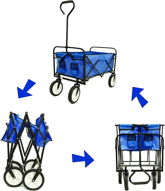 Collapsible Folding Wagon Garden Shopping Beach Cart,Heavy Duty Utility Buggy with Big Wheels,Adjustable Handle and Cup Holder,for Sand,Camping,Outdoor,40.55",Blue