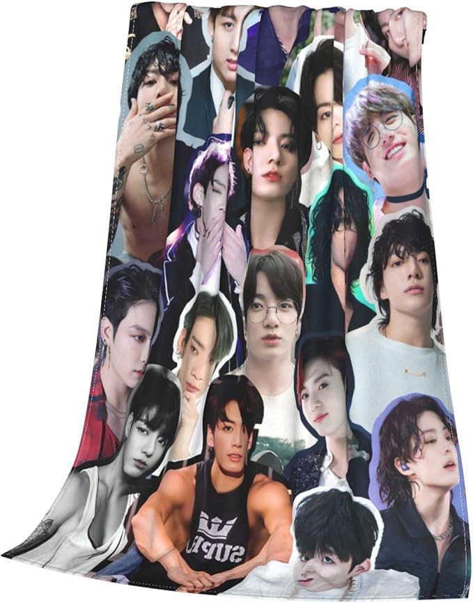 Jungkook Blanket Jeon Jung Kook Soft and Comfortable Warm Fleece Throw Full Picture of Idol Group Blankets 50"X60" Beach Blankets Gift for Dorm Room Decor Sofa Bed Camping Travel