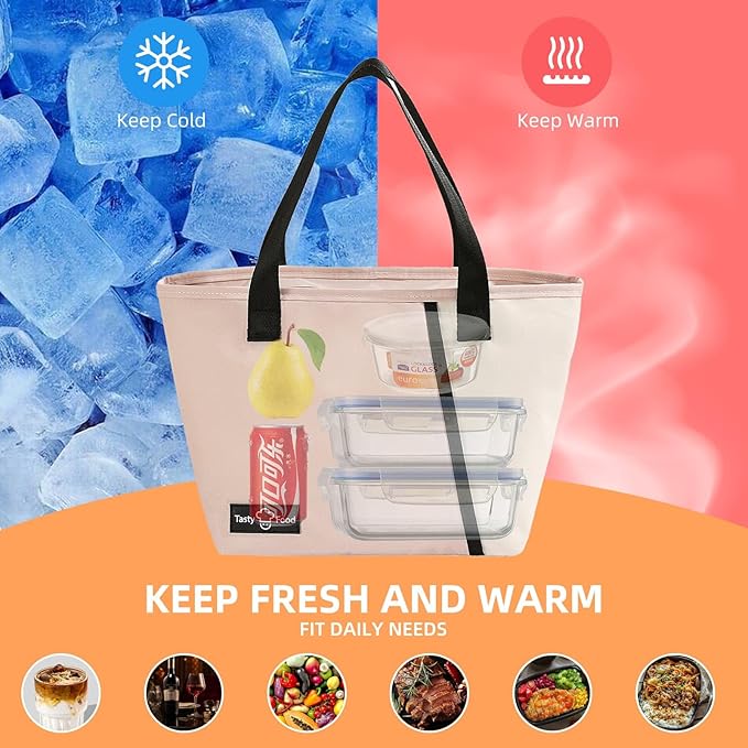 Lunch Bag for Women Men, Reusable Lunch Tote Lunch Box, Large Capacity Leakproof Lunch Tote Bags with Front Pocket for Work Office Picnic or Travel (Purple)
